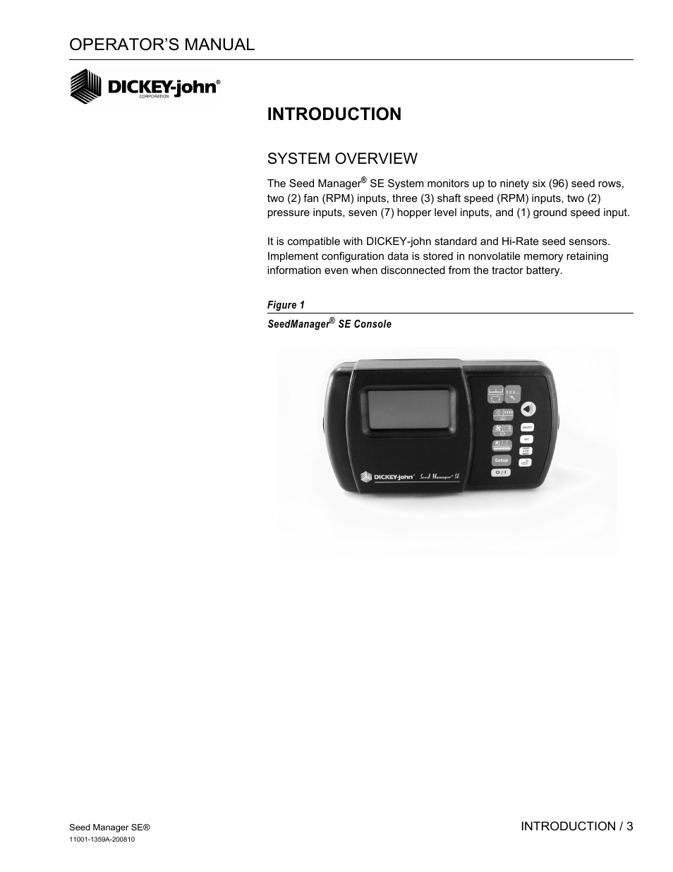 Introduction, Operator’s manual, System overview | Great Plains DICKEY-john Seed Manager SE Operator Manual User Manual | Page 5 / 71