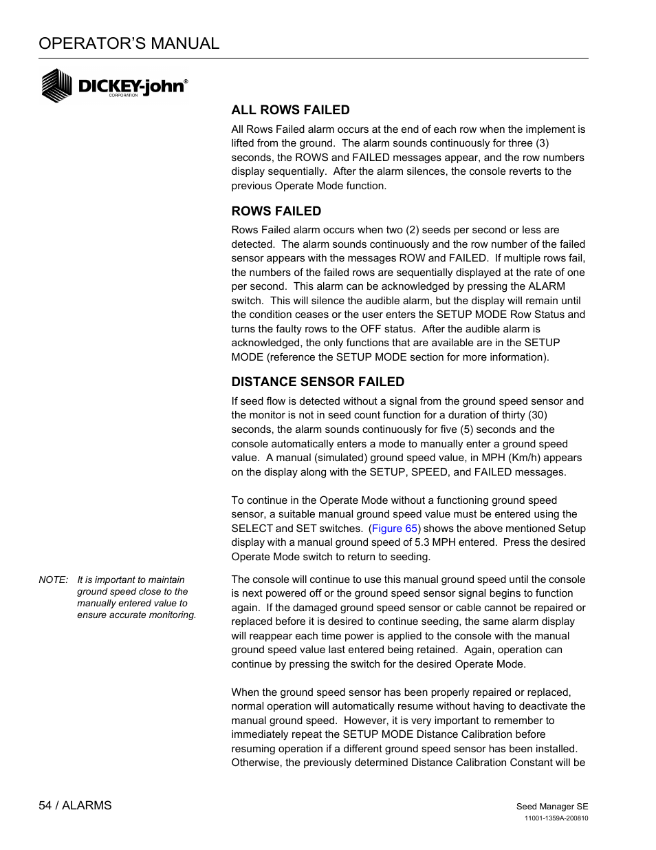 Operator’s manual | Great Plains DICKEY-john Seed Manager SE Operator Manual User Manual | Page 56 / 71
