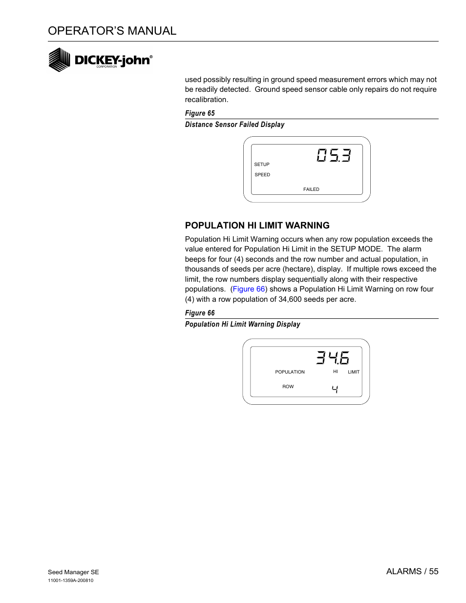 Operator’s manual, Population hi limit warning, Alarms / 55 | Great Plains DICKEY-john Seed Manager SE Operator Manual User Manual | Page 57 / 71