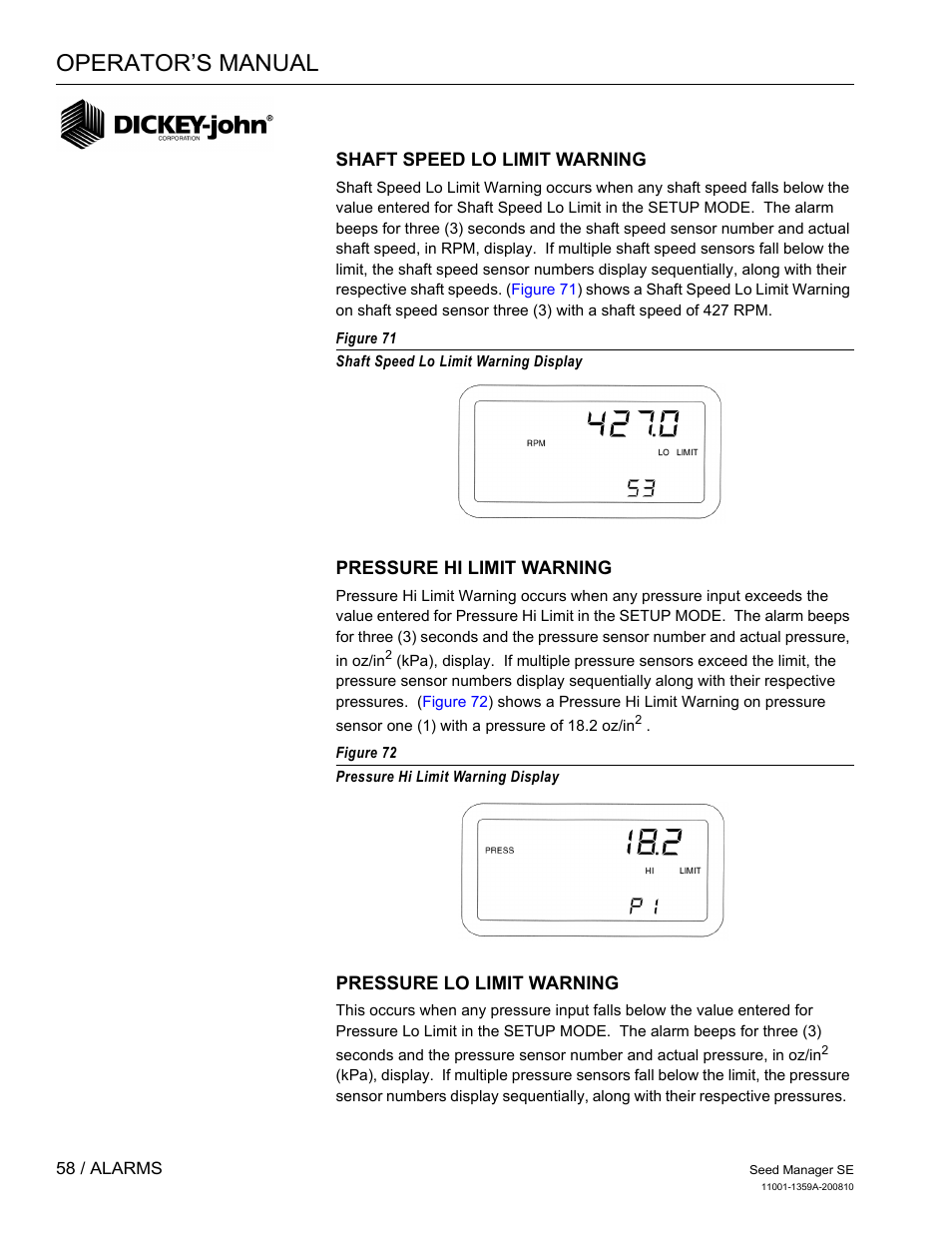 Operator’s manual | Great Plains DICKEY-john Seed Manager SE Operator Manual User Manual | Page 60 / 71