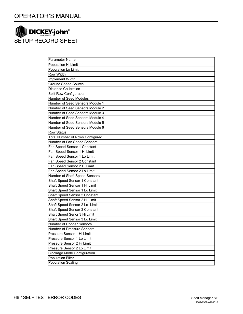 Operator’s manual, Setup record sheet | Great Plains DICKEY-john Seed Manager SE Operator Manual User Manual | Page 68 / 71
