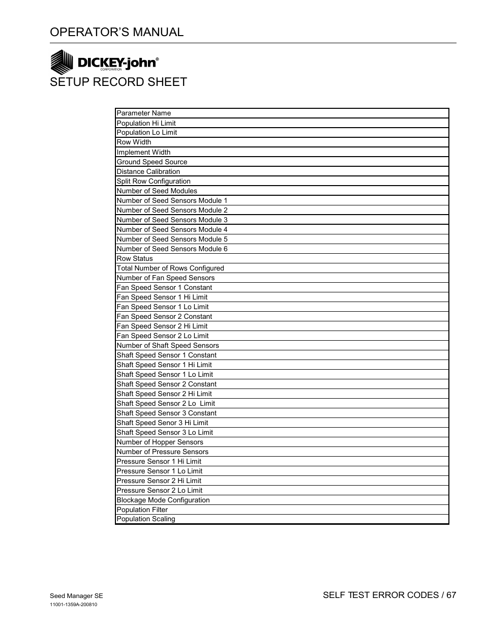 Operator’s manual, Setup record sheet | Great Plains DICKEY-john Seed Manager SE Operator Manual User Manual | Page 69 / 71