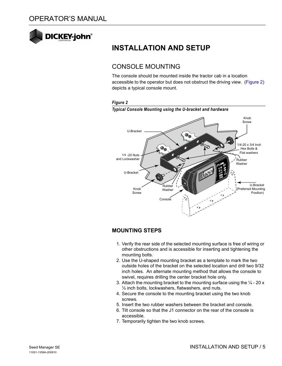 Installation and setup, Operator’s manual, Console mounting | Mounting steps, Installation and setup / 5 | Great Plains DICKEY-john Seed Manager SE Operator Manual User Manual | Page 7 / 71