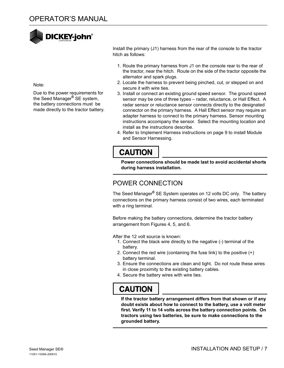 Operator’s manual, Power connection | Great Plains DICKEY-john Seed Manager SE Operator Manual User Manual | Page 9 / 71
