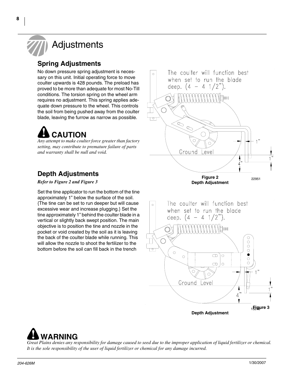 Adjustments, Caution, Warning | Great Plains YP Vantage I Fertilizer Kit Fertilizer Coulters User Manual | Page 10 / 36