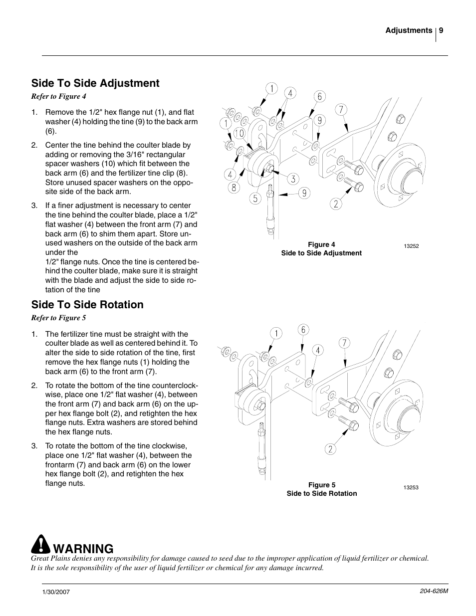Warning, Side to side adjustment, Side to side rotation | Great Plains YP Vantage I Fertilizer Kit Fertilizer Coulters User Manual | Page 11 / 36