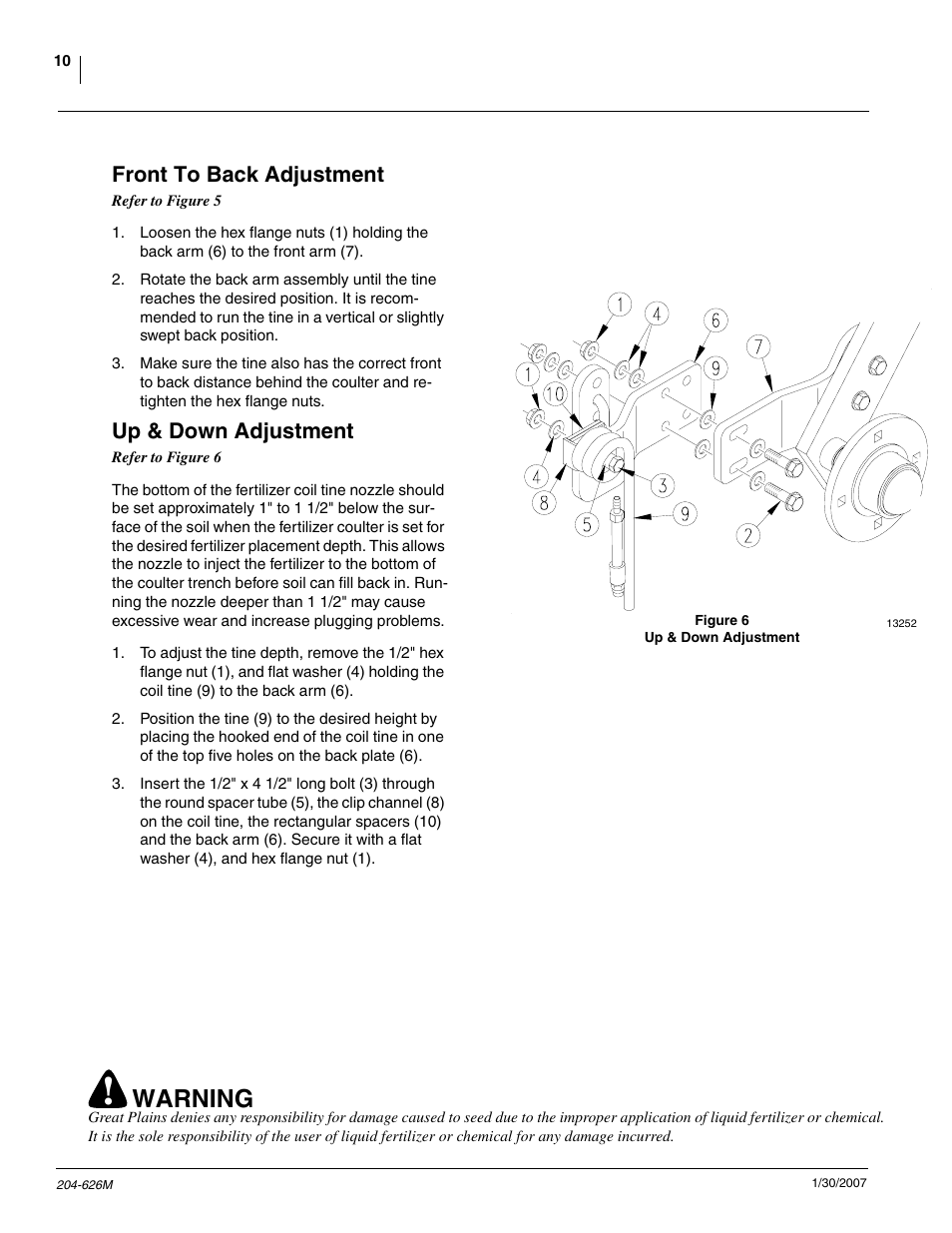 Warning, Front to back adjustment, Up & down adjustment | Great Plains YP Vantage I Fertilizer Kit Fertilizer Coulters User Manual | Page 12 / 36