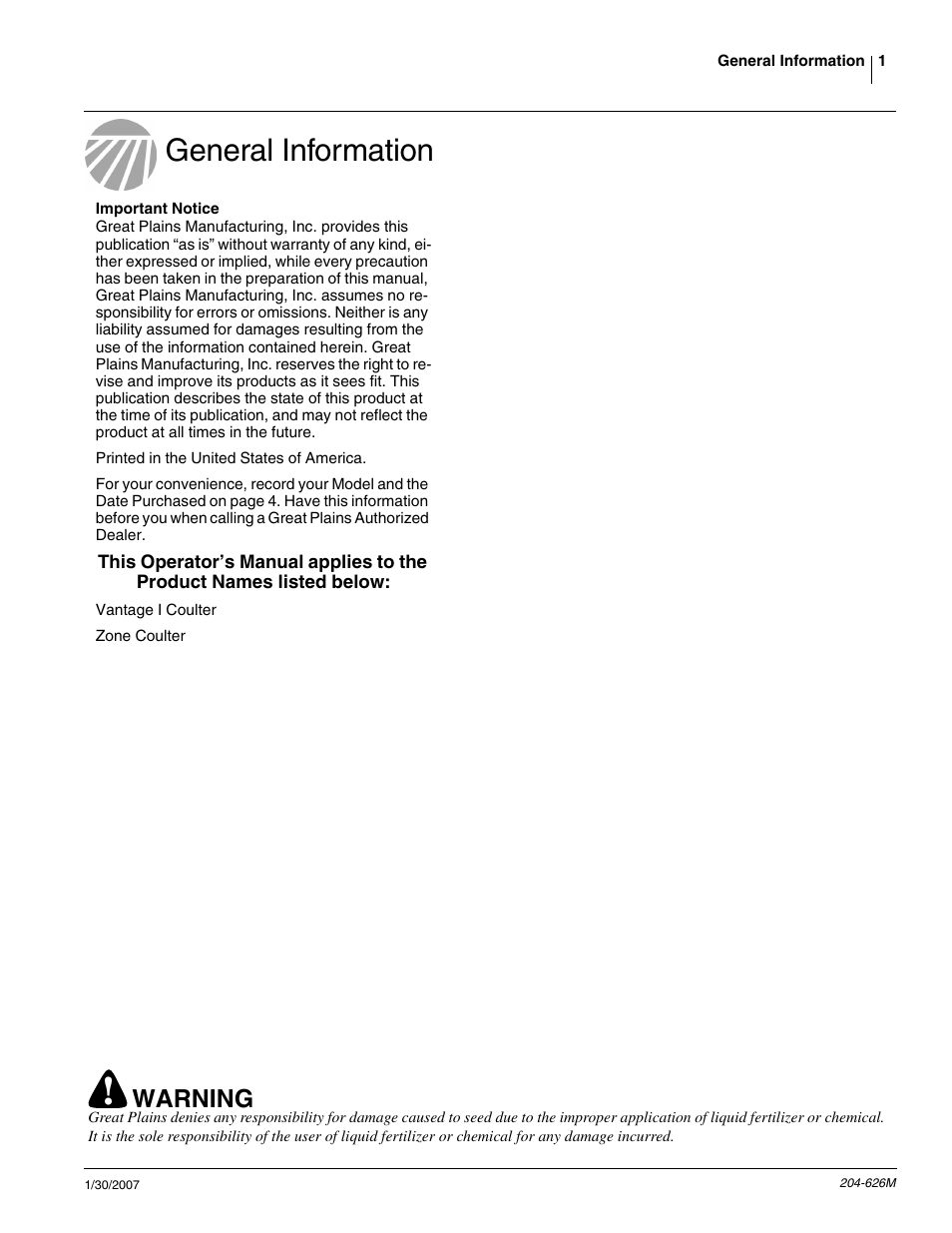 General information, Warning | Great Plains YP Vantage I Fertilizer Kit Fertilizer Coulters User Manual | Page 3 / 36