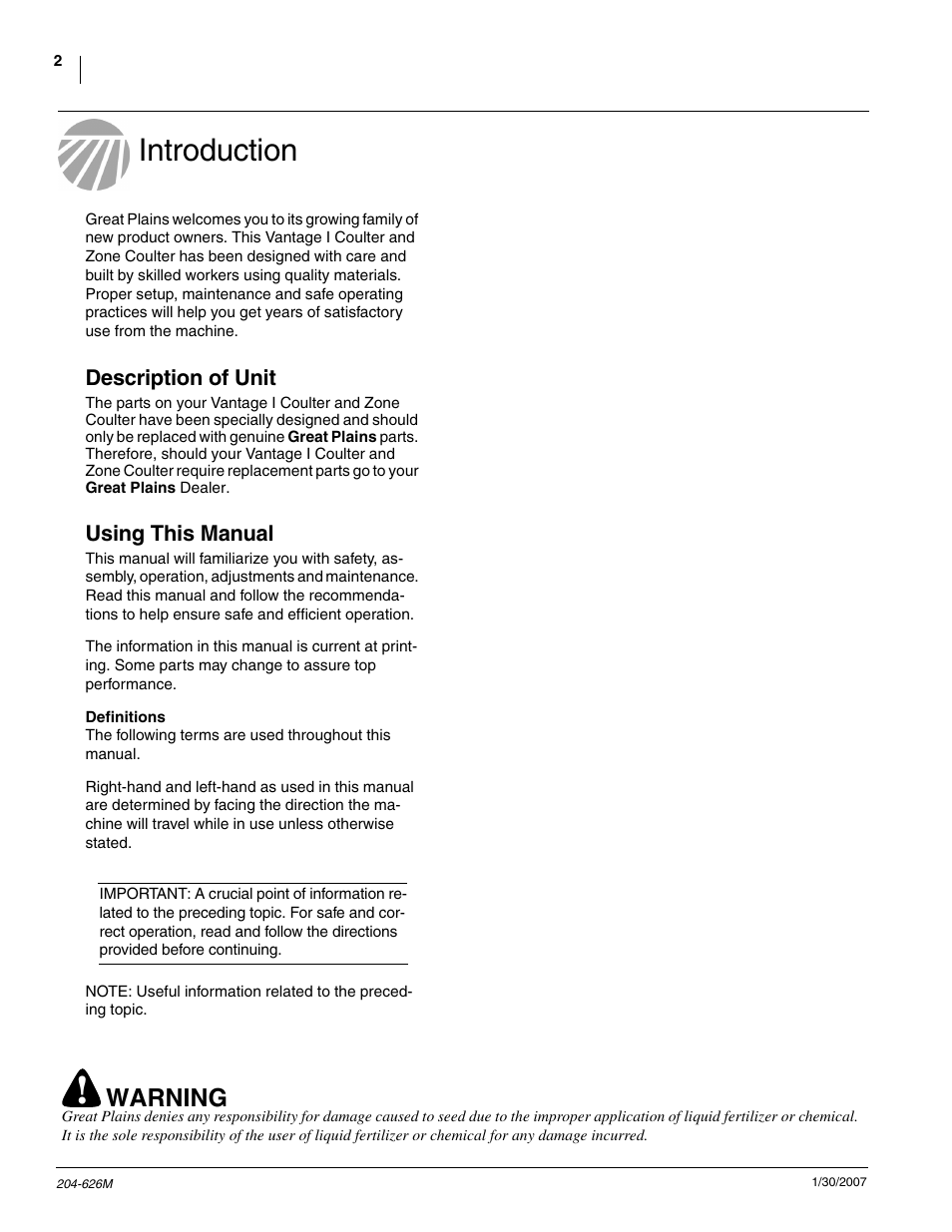 Introduction, Warning | Great Plains YP Vantage I Fertilizer Kit Fertilizer Coulters User Manual | Page 4 / 36