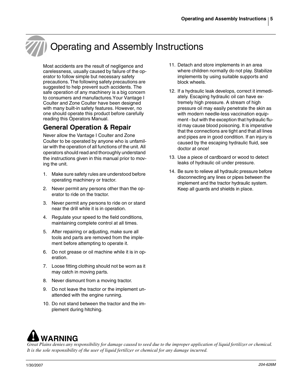 Operating and assembly instructions, Warning, General operation & repair | Great Plains YP Vantage I Fertilizer Kit Fertilizer Coulters User Manual | Page 7 / 36