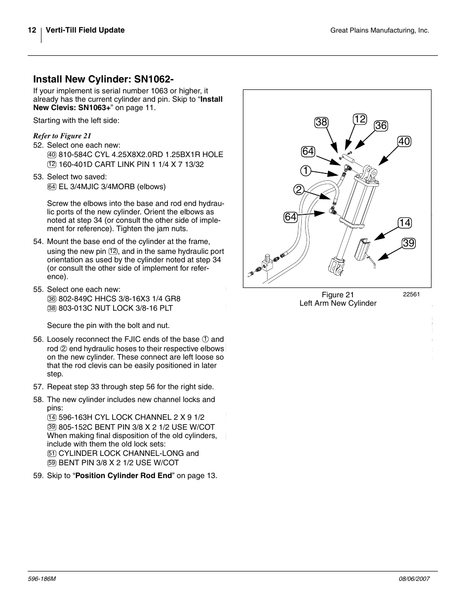 Install new cylinder: sn1062 | Great Plains Verti-Till Field Update User Manual | Page 12 / 22