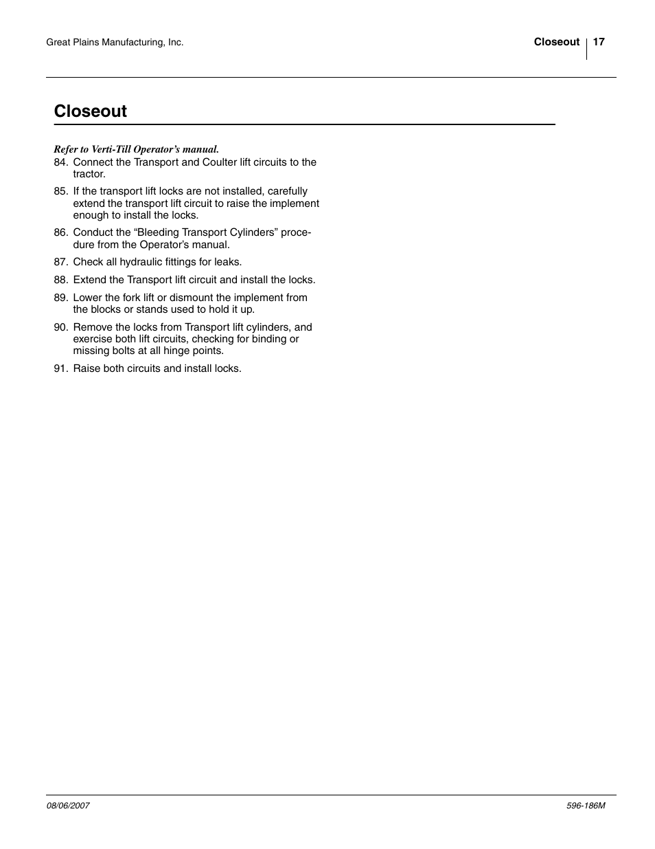 Closeout | Great Plains Verti-Till Field Update User Manual | Page 17 / 22