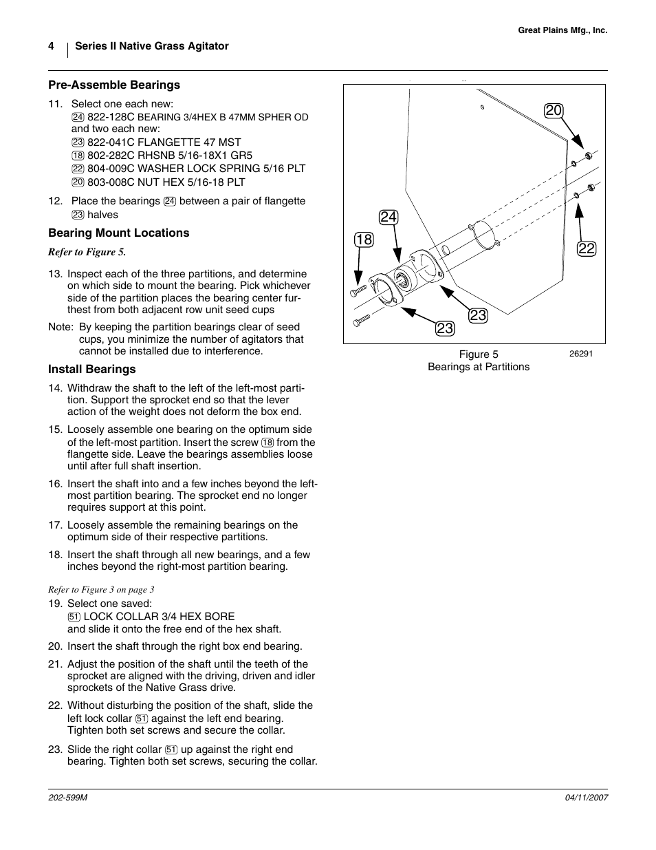 Pre-assemble bearings, Figure 5 bearings at partitions, Bearing mount locations | Install bearings, At step 16 | Great Plains Series II Native Grass Agitator User Manual | Page 4 / 8