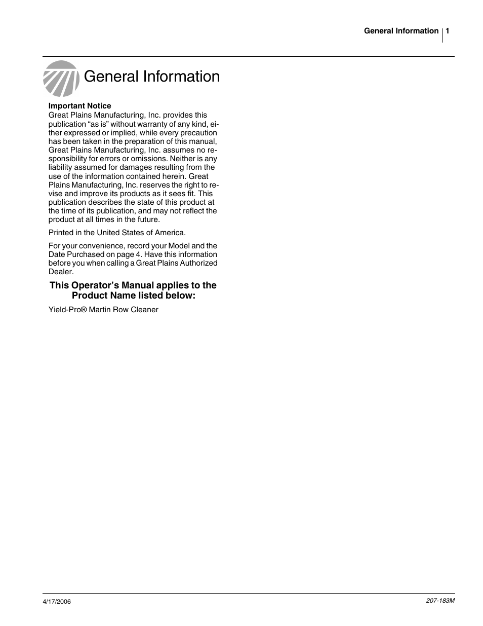 General information, Important notice | Great Plains YP Martin Row Cleaner User Manual | Page 3 / 18