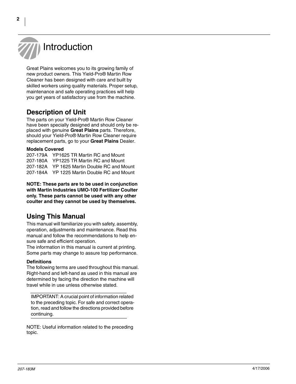 Introduction, Description of unit, Models covered | Using this manual, Definitions | Great Plains YP Martin Row Cleaner User Manual | Page 4 / 18