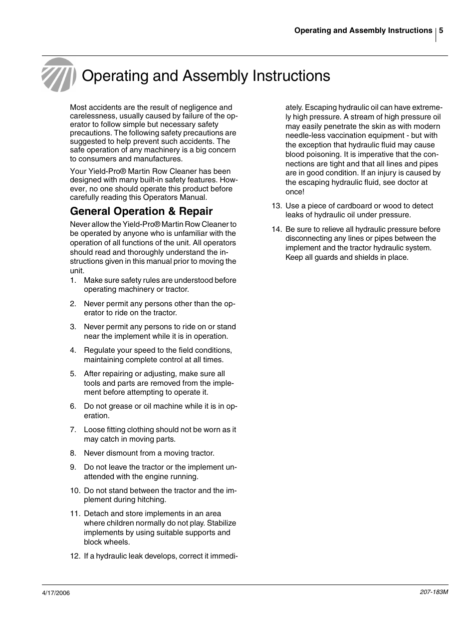 Operating and assembly instructions, General operation & repair | Great Plains YP Martin Row Cleaner User Manual | Page 7 / 18