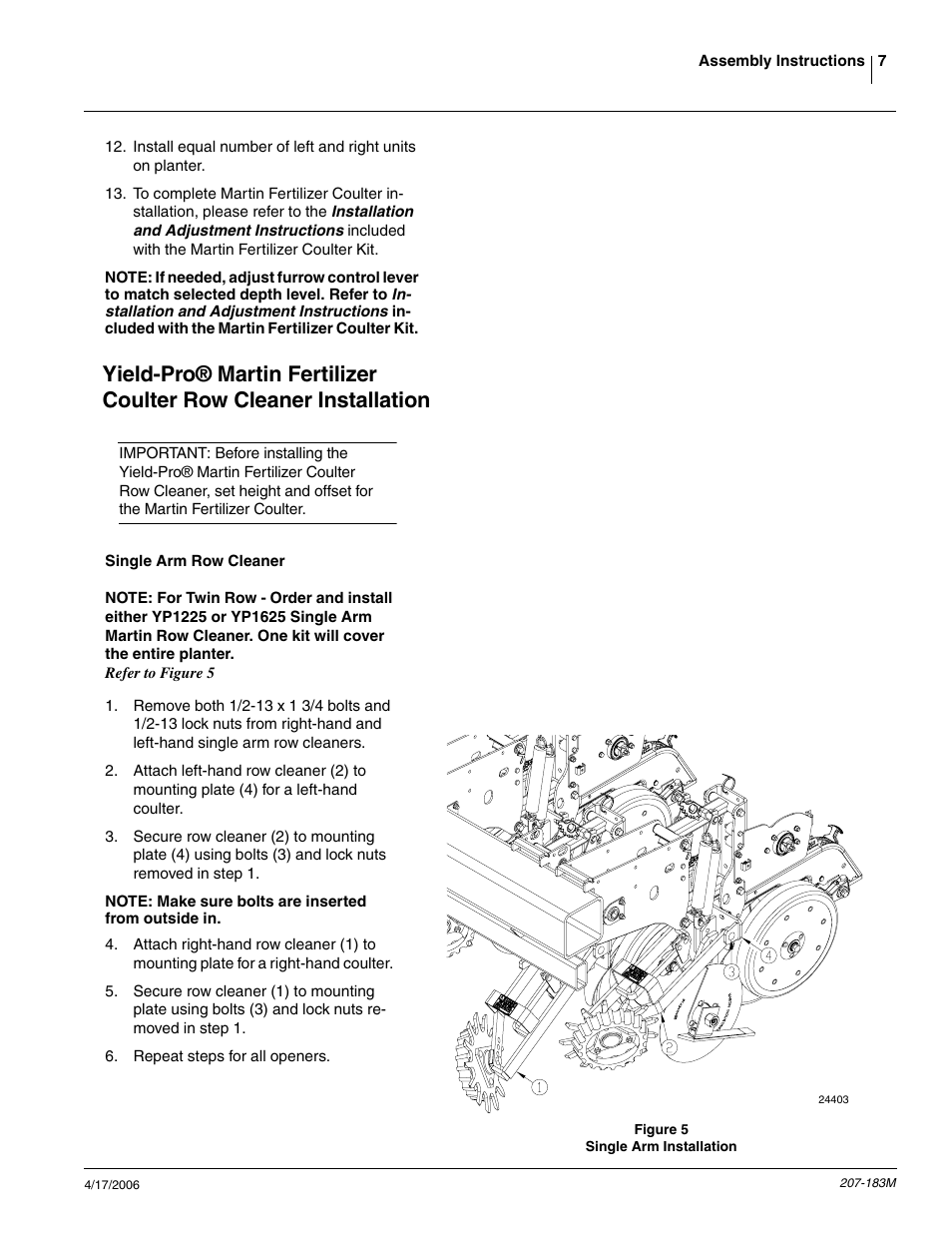 Yp martin row cleaner installation, Single arm row cleaner | Great Plains YP Martin Row Cleaner User Manual | Page 9 / 18