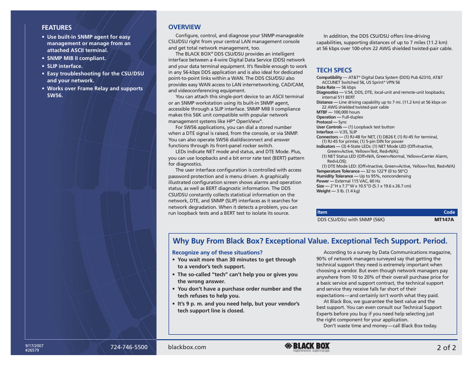 2 of 2, Features, Overview | Tech specs | Black Box CSU/DSU User Manual | Page 2 / 2
