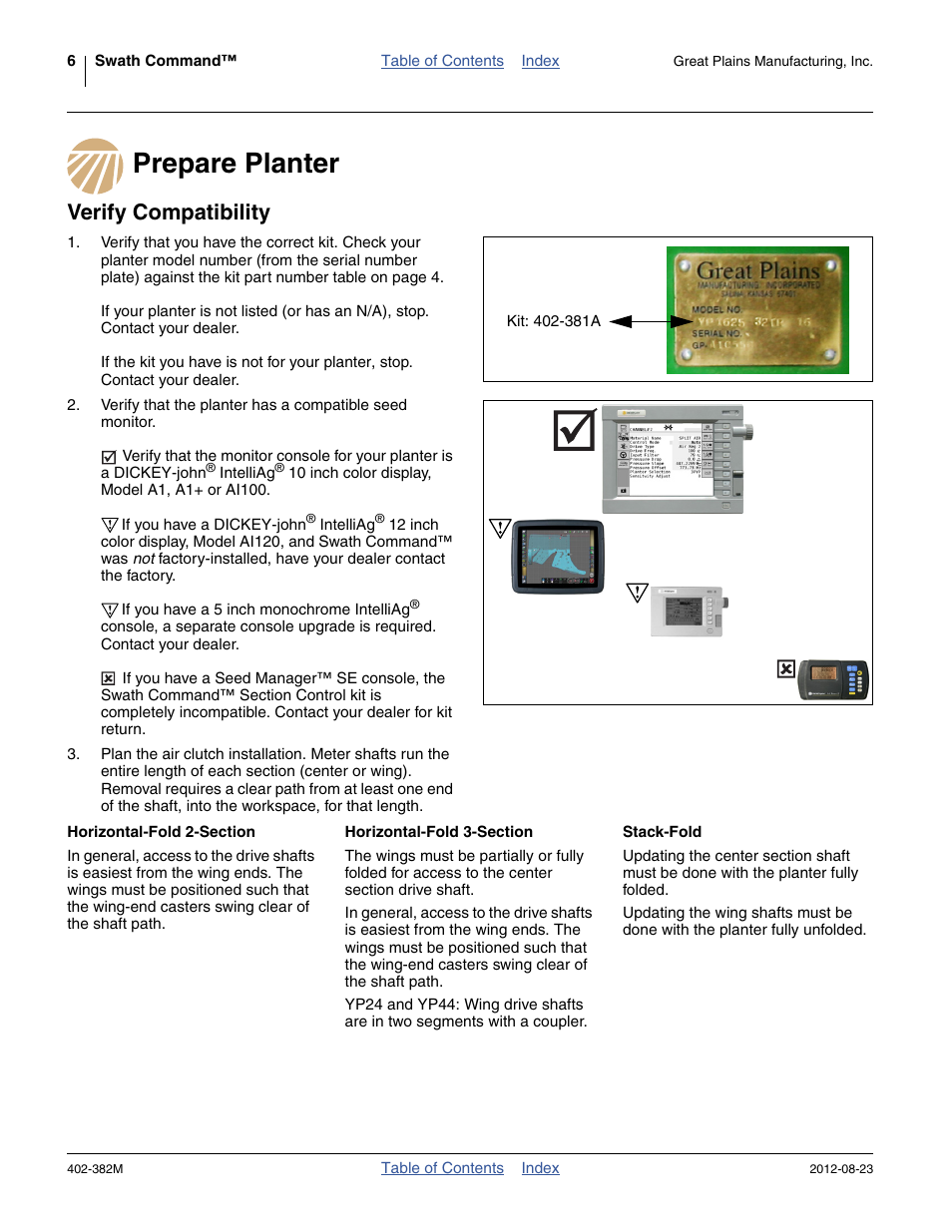 Prepare planter, Verify compatibility, Horizontal-fold 2-section | Horizontal-fold 3-section, Stack-fold, Prepare planter verify compatibility | Great Plains Swath Command Section Control User Manual | Page 10 / 142