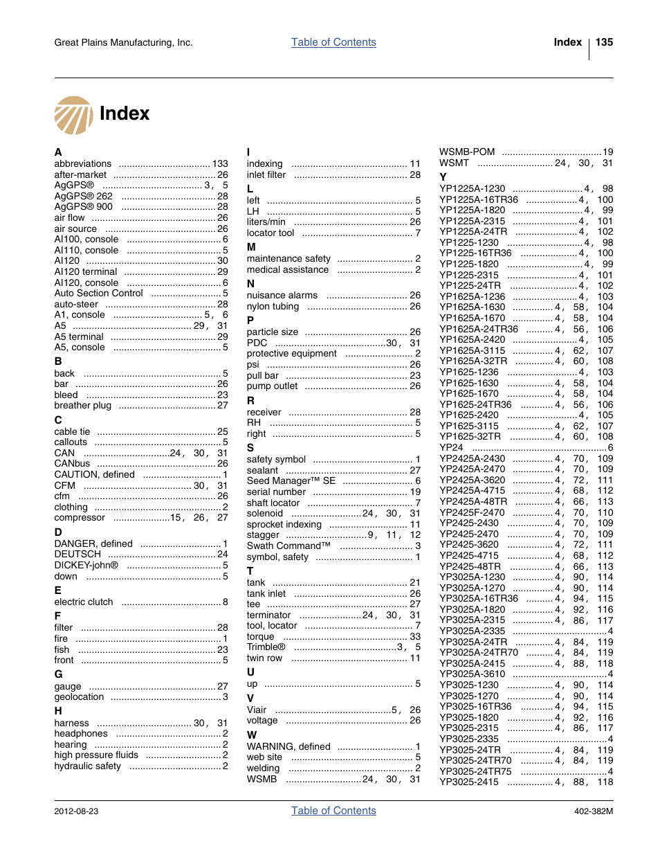 Index | Great Plains Swath Command Section Control User Manual | Page 139 / 142