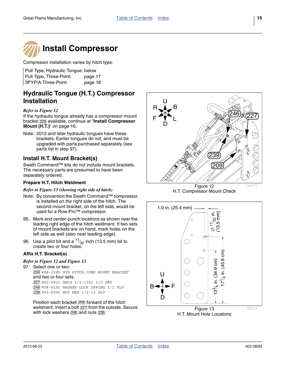 Install compressor, Hydraulic tongue (h.t.) compressor installation, Install h.t. mount bracket(s) | Prepare h.t. hitch weldment, Affix h.t. bracket(s), Prepare h.t. hitch weldment affix h.t. bracket(s), Ud b f | Great Plains Swath Command Section Control User Manual | Page 19 / 142