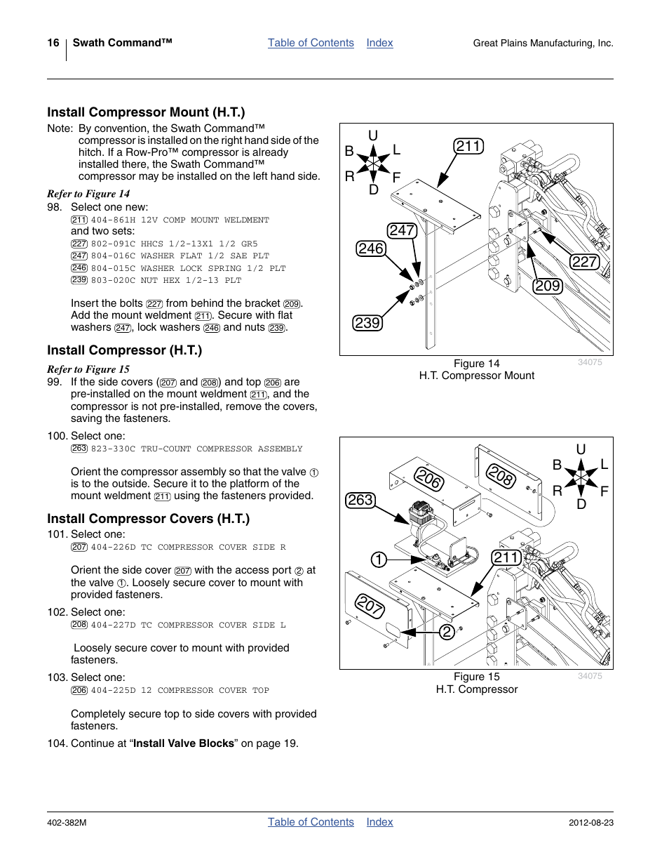 Install compressor mount (h.t.), Install compressor (h.t.), Install compressor covers (h.t.) | Ue at “ install compressor | Great Plains Swath Command Section Control User Manual | Page 20 / 142