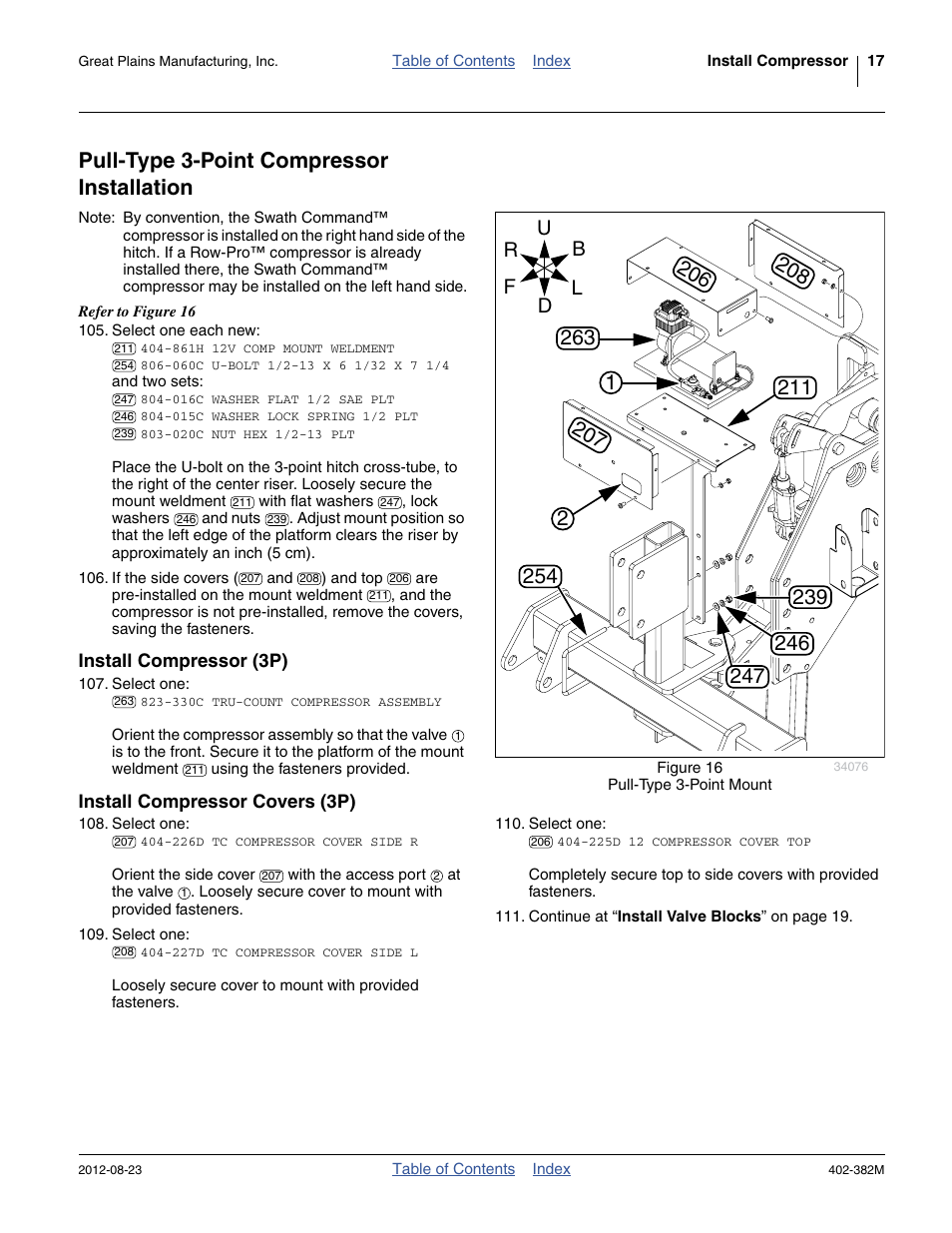 Pull-type 3-point compressor installation, Install compressor (3p), Install compressor covers (3p) | Great Plains Swath Command Section Control User Manual | Page 21 / 142