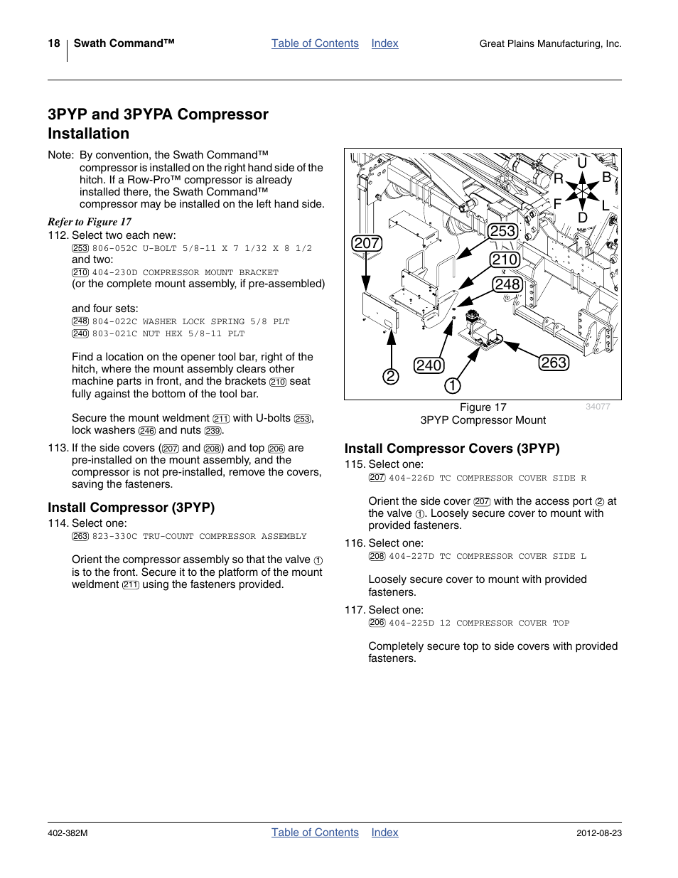 3pyp and 3pypa compressor installation, Install compressor (3pyp), Install compressor covers (3pyp) | Great Plains Swath Command Section Control User Manual | Page 22 / 142