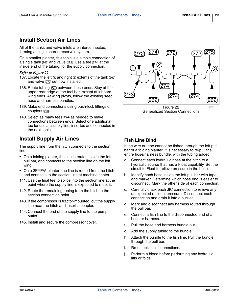 Install section air lines, Install supply air lines, Fish line bind | Install section air lines install supply air lines | Great Plains Swath Command Section Control User Manual | Page 27 / 142