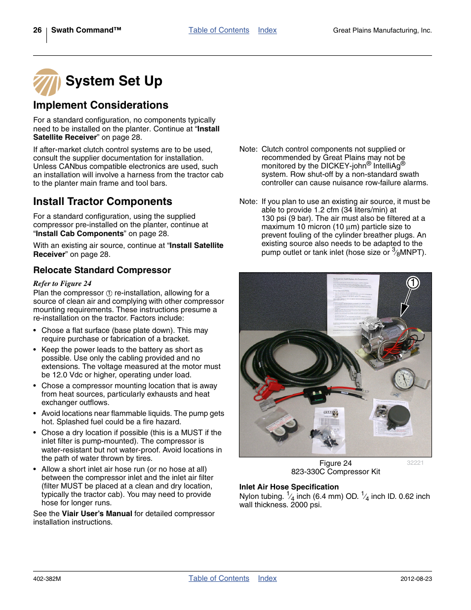 System set up, Implement considerations, Install tractor components | Relocate standard compressor, Inlet air hose specification | Great Plains Swath Command Section Control User Manual | Page 30 / 142