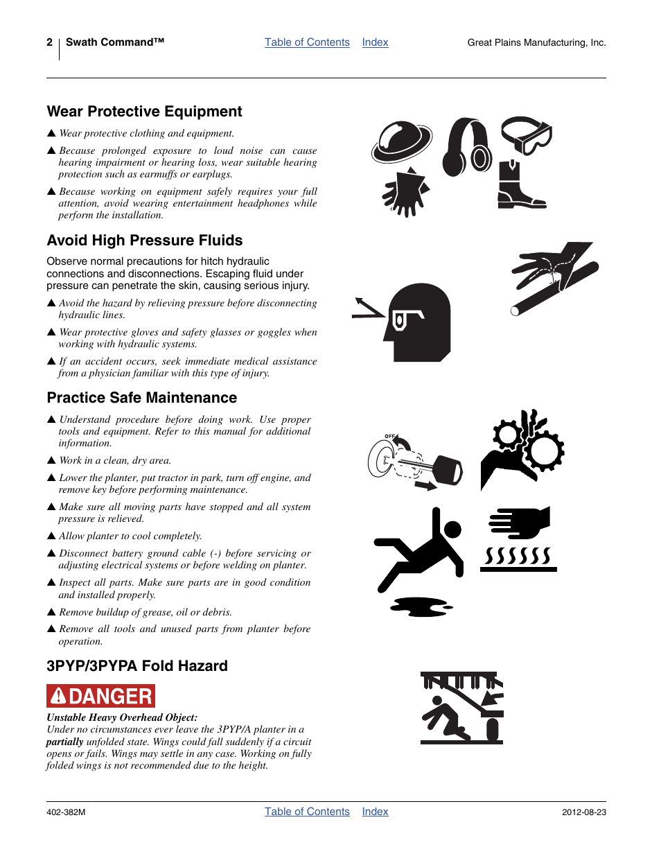 Wear protective equipment, Avoid high pressure fluids, Practice safe maintenance | 3pyp/3pypa fold hazard | Great Plains Swath Command Section Control User Manual | Page 6 / 142