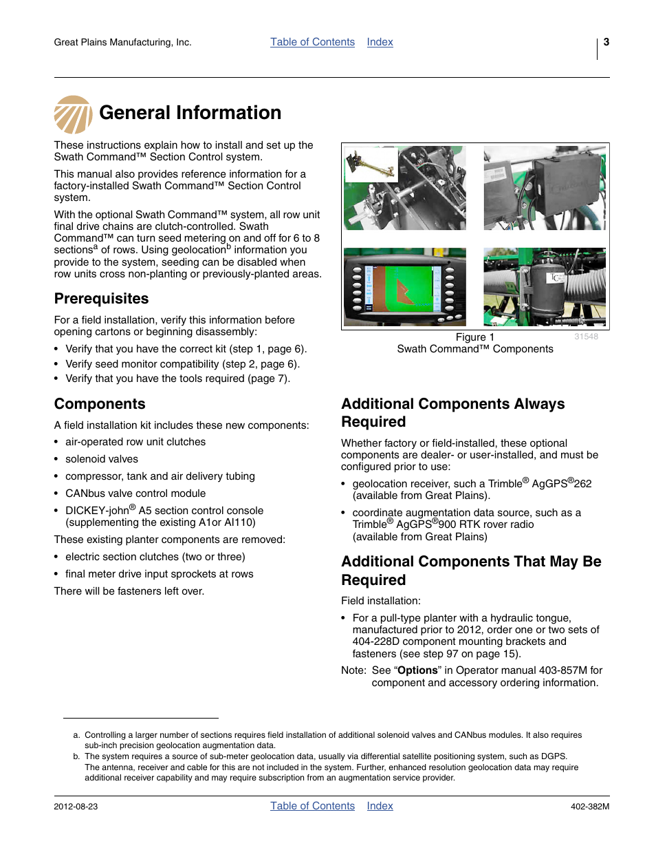 General information, Prerequisites, Components | Additional components always required, Additional components that may be required | Great Plains Swath Command Section Control User Manual | Page 7 / 142