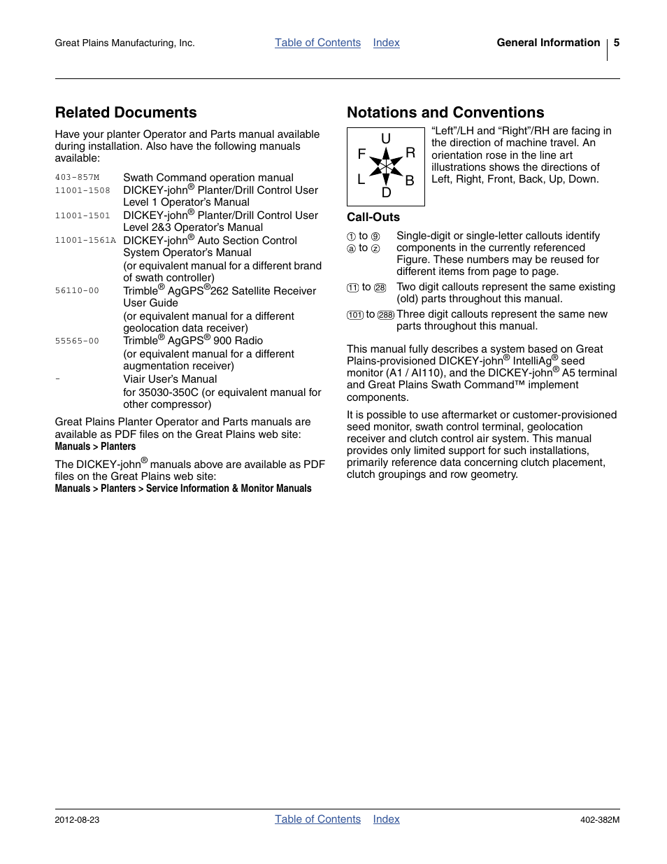 Related documents, Notations and conventions, Call-outs | Related documents notations and conventions | Great Plains Swath Command Section Control User Manual | Page 9 / 142