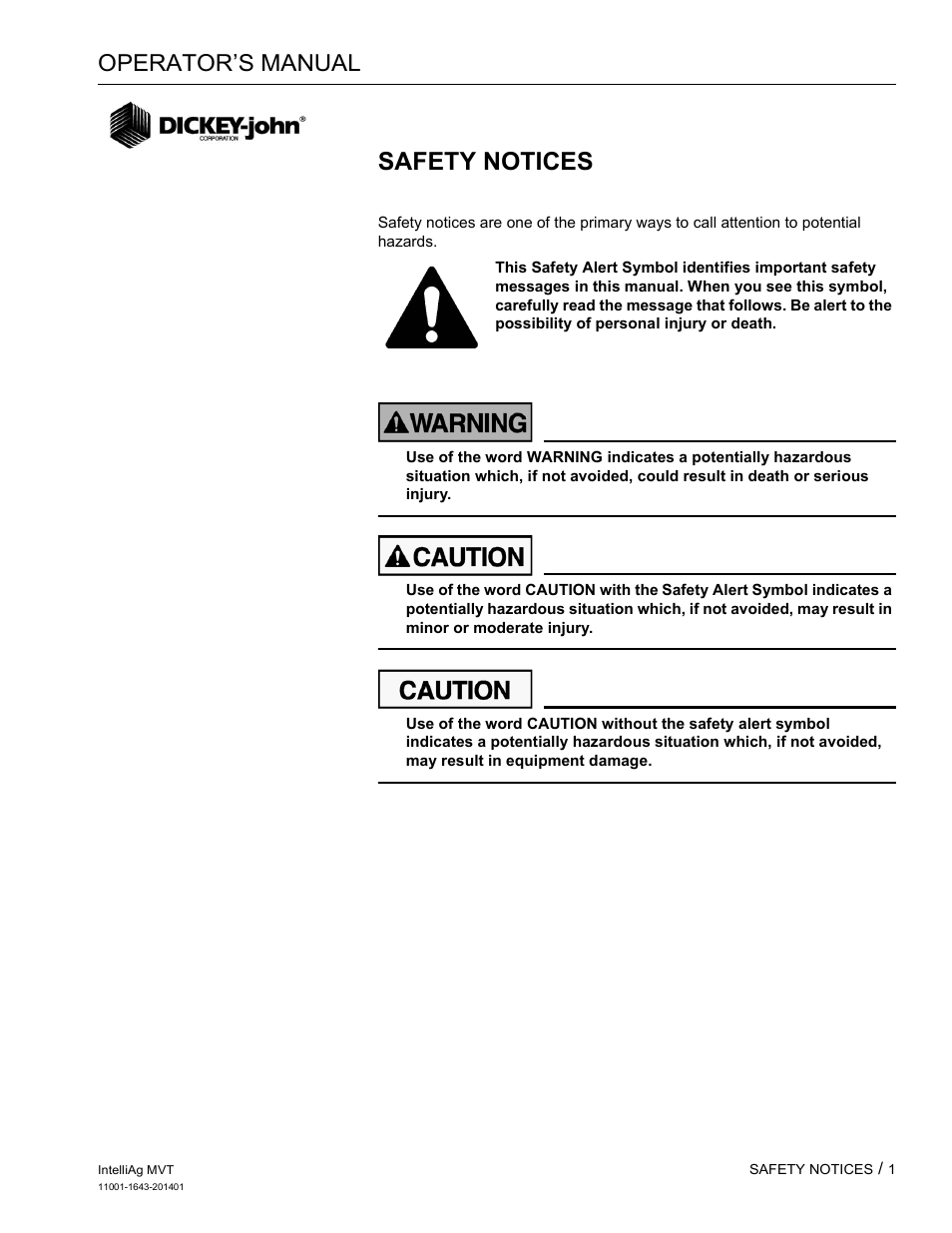 Safety notices, Operator’s manual | Great Plains DICKEY-john MVT Monitor Operator User Manual | Page 10 / 122