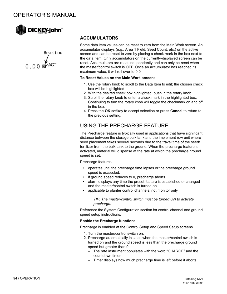 Operator’s manual, Using the precharge feature | Great Plains DICKEY-john MVT Monitor Operator User Manual | Page 103 / 122