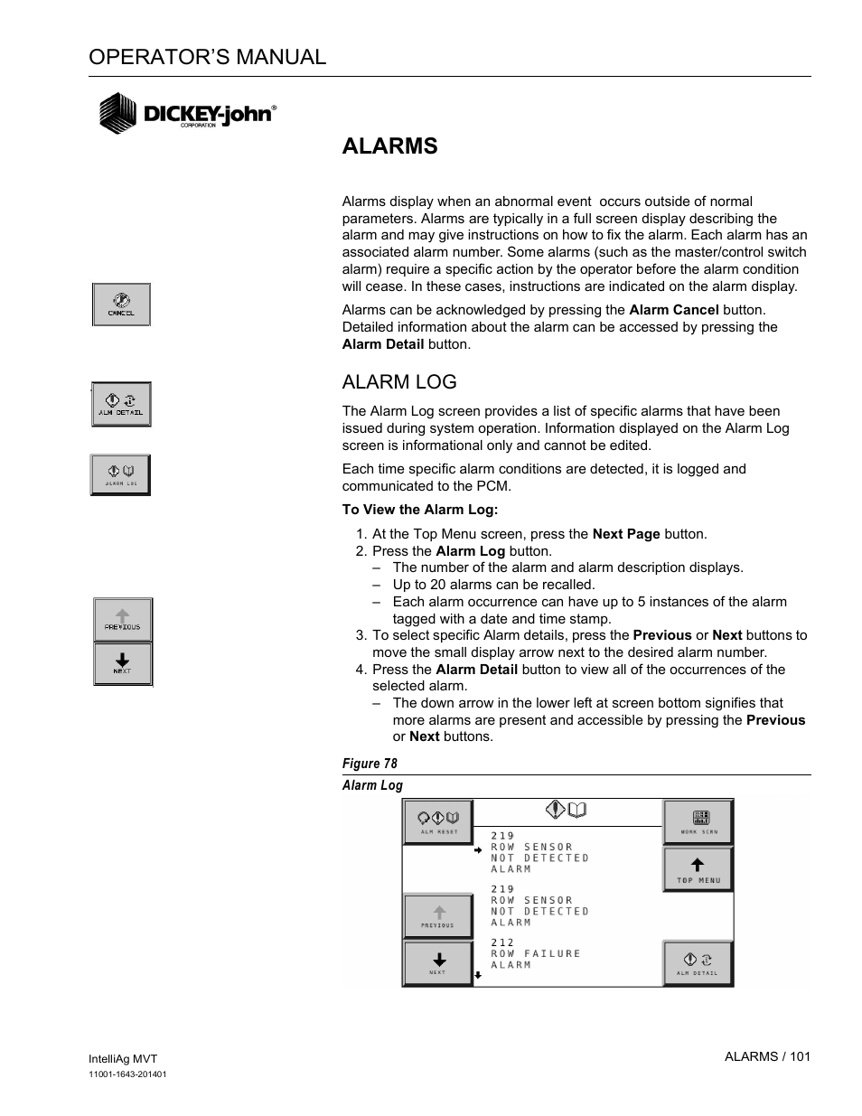 Alarms, Operator’s manual, Alarm log | Great Plains DICKEY-john MVT Monitor Operator User Manual | Page 110 / 122