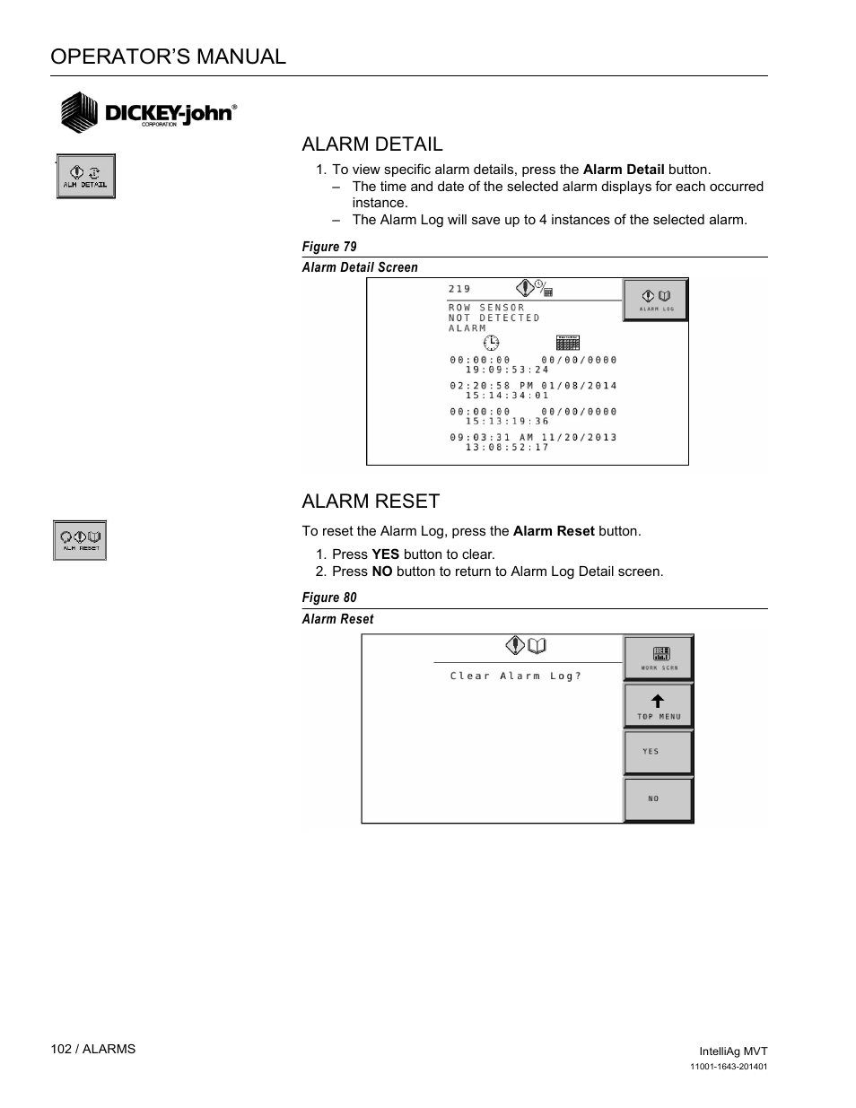 Operator’s manual, Alarm detail, Alarm reset | Great Plains DICKEY-john MVT Monitor Operator User Manual | Page 111 / 122