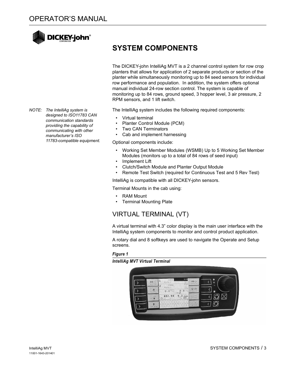 System components, Operator’s manual, Virtual terminal (vt) | Great Plains DICKEY-john MVT Monitor Operator User Manual | Page 12 / 122