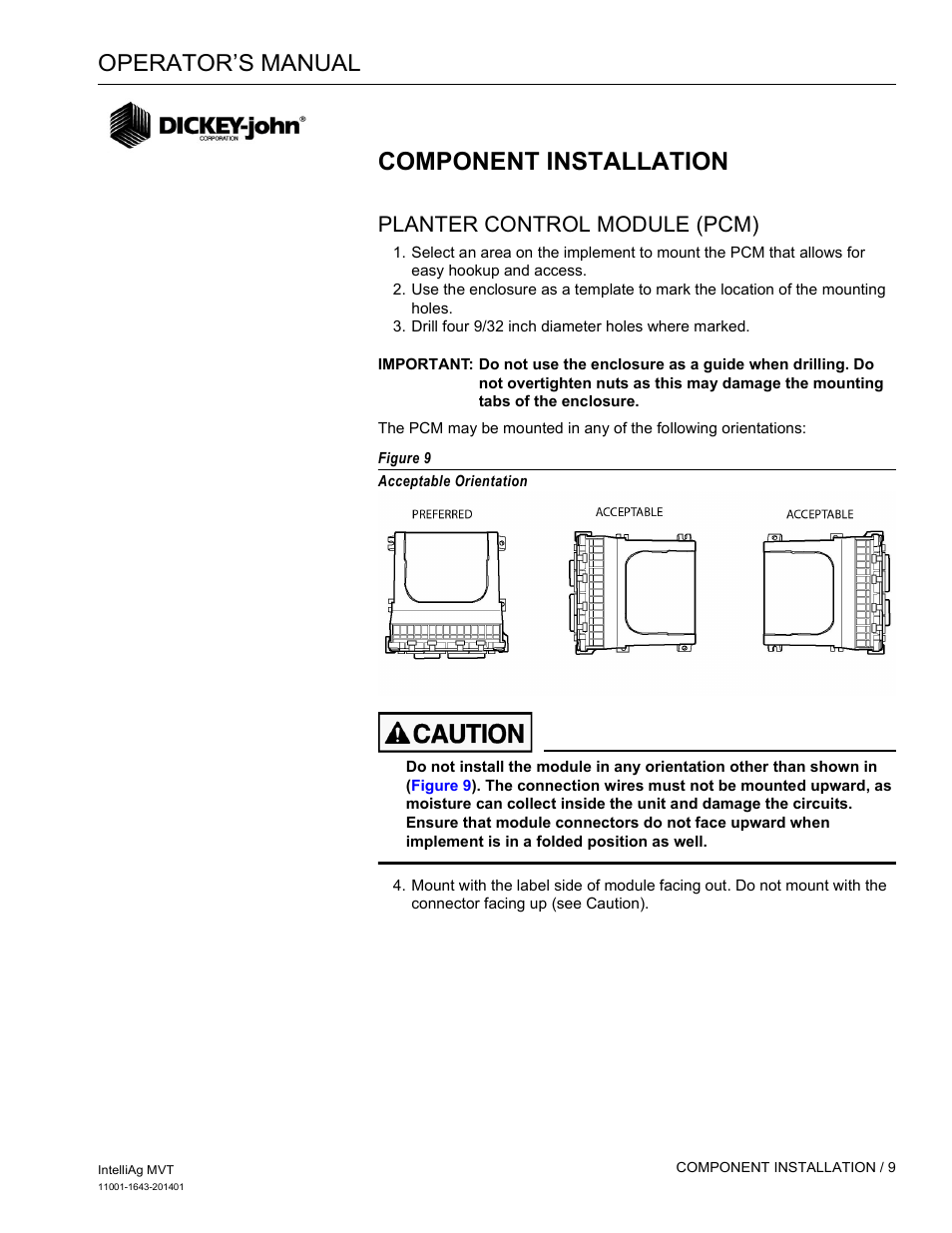 Component installation, Operator’s manual, Planter control module (pcm) | Great Plains DICKEY-john MVT Monitor Operator User Manual | Page 18 / 122