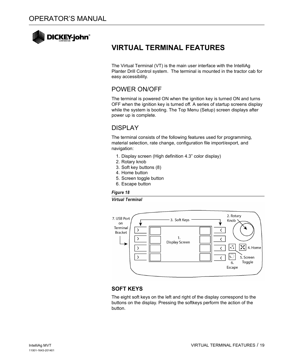 Virtual terminal features, Operator’s manual, Power on/off | Display | Great Plains DICKEY-john MVT Monitor Operator User Manual | Page 28 / 122