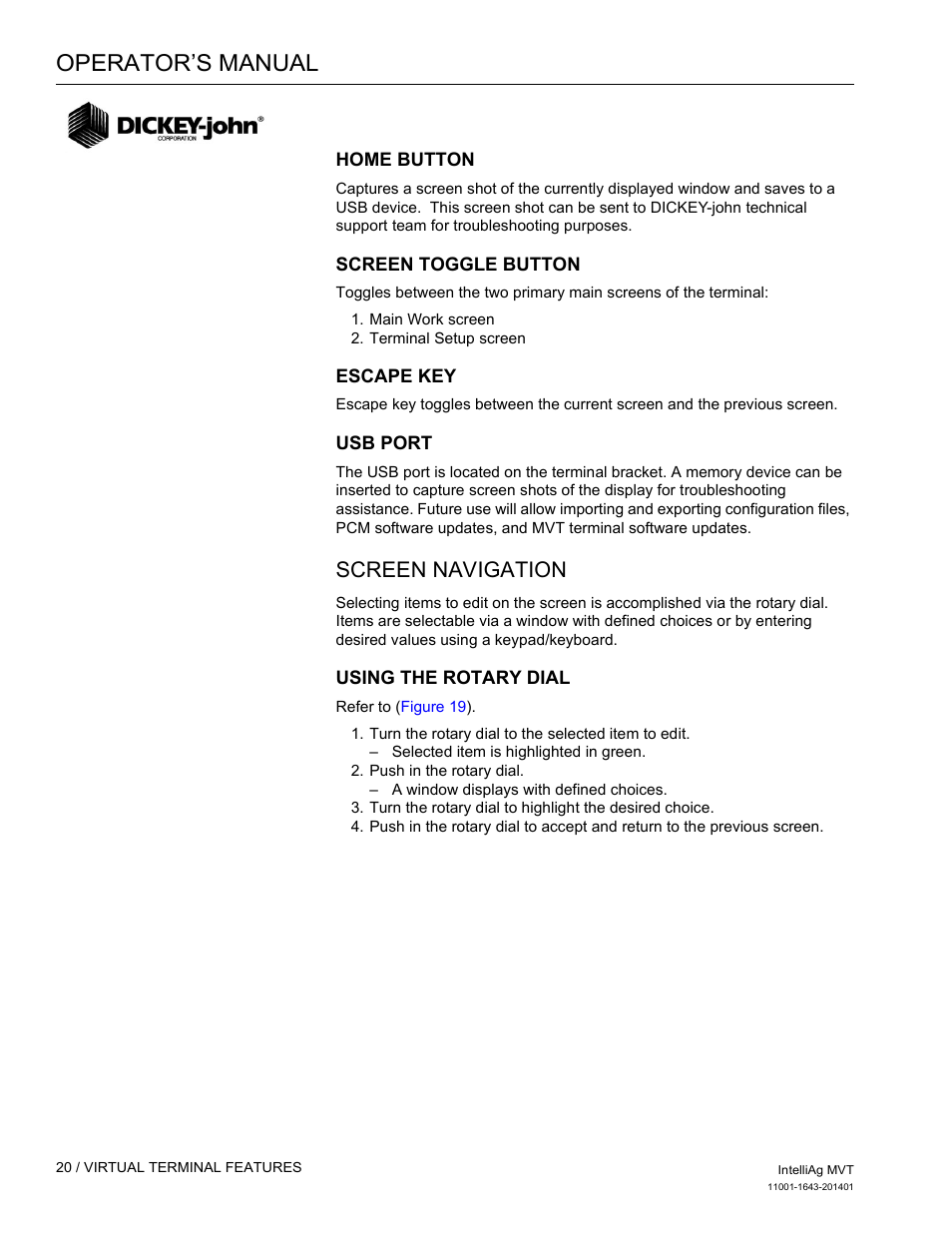 Operator’s manual, Screen navigation | Great Plains DICKEY-john MVT Monitor Operator User Manual | Page 29 / 122