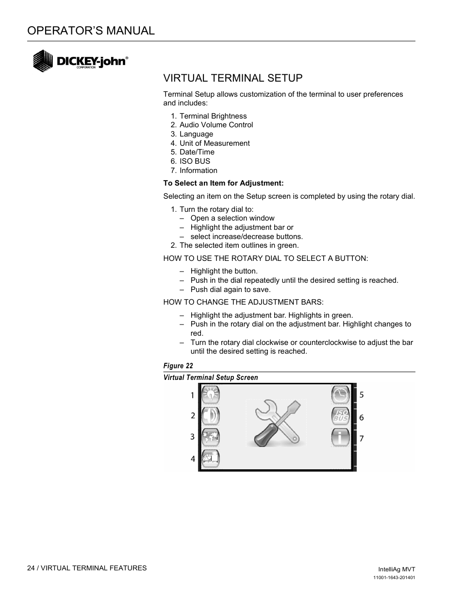 Operator’s manual, Virtual terminal setup | Great Plains DICKEY-john MVT Monitor Operator User Manual | Page 33 / 122