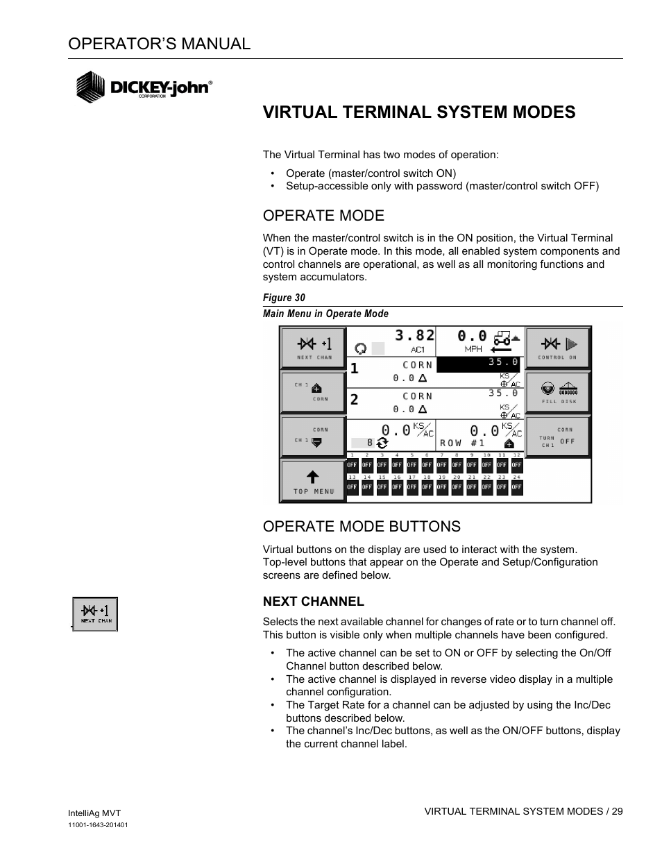 Virtual terminal system modes, Operator’s manual, Operate mode | Operate mode buttons | Great Plains DICKEY-john MVT Monitor Operator User Manual | Page 38 / 122