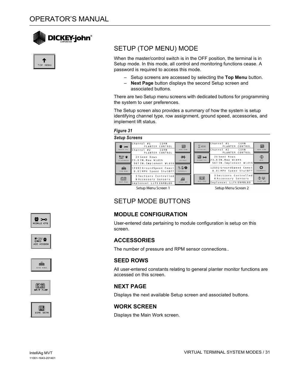 Operator’s manual, Setup (top menu) mode, Setup mode buttons | Great Plains DICKEY-john MVT Monitor Operator User Manual | Page 40 / 122