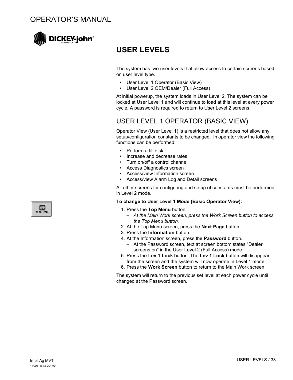 User levels, Operator’s manual, User level 1 operator (basic view) | Great Plains DICKEY-john MVT Monitor Operator User Manual | Page 42 / 122