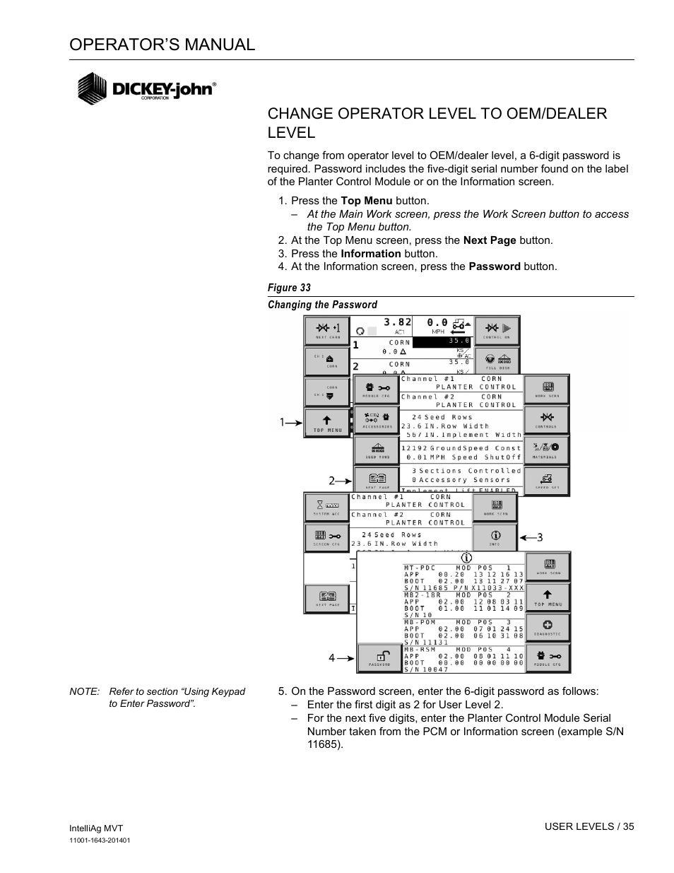 Operator’s manual, Change operator level to oem/dealer level | Great Plains DICKEY-john MVT Monitor Operator User Manual | Page 44 / 122