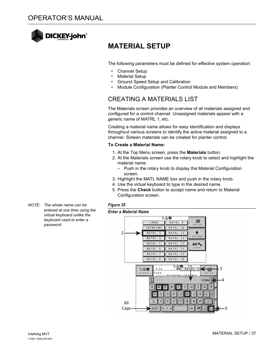 Material setup, Operator’s manual, Creating a materials list | Great Plains DICKEY-john MVT Monitor Operator User Manual | Page 46 / 122
