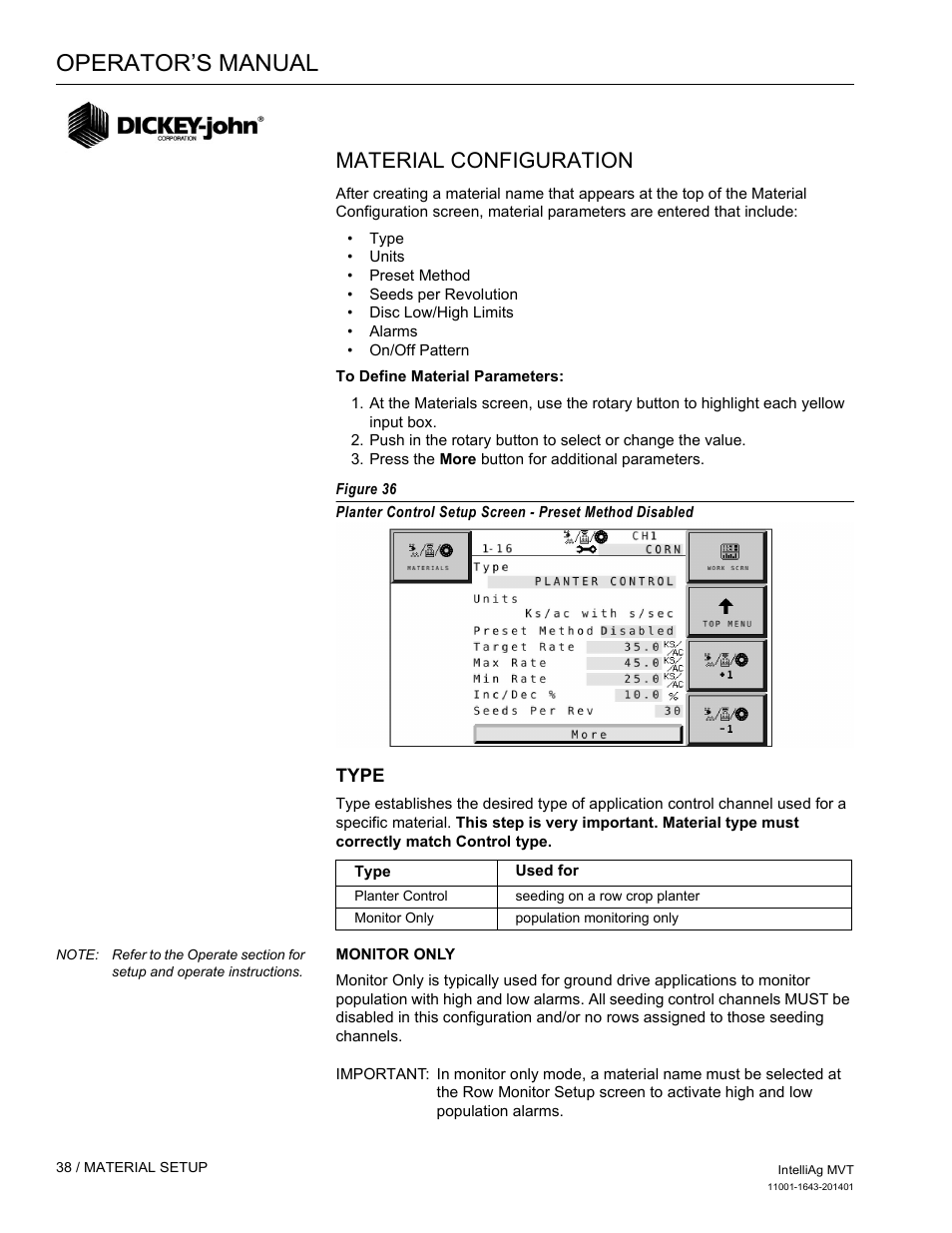 Operator’s manual, Material configuration | Great Plains DICKEY-john MVT Monitor Operator User Manual | Page 47 / 122