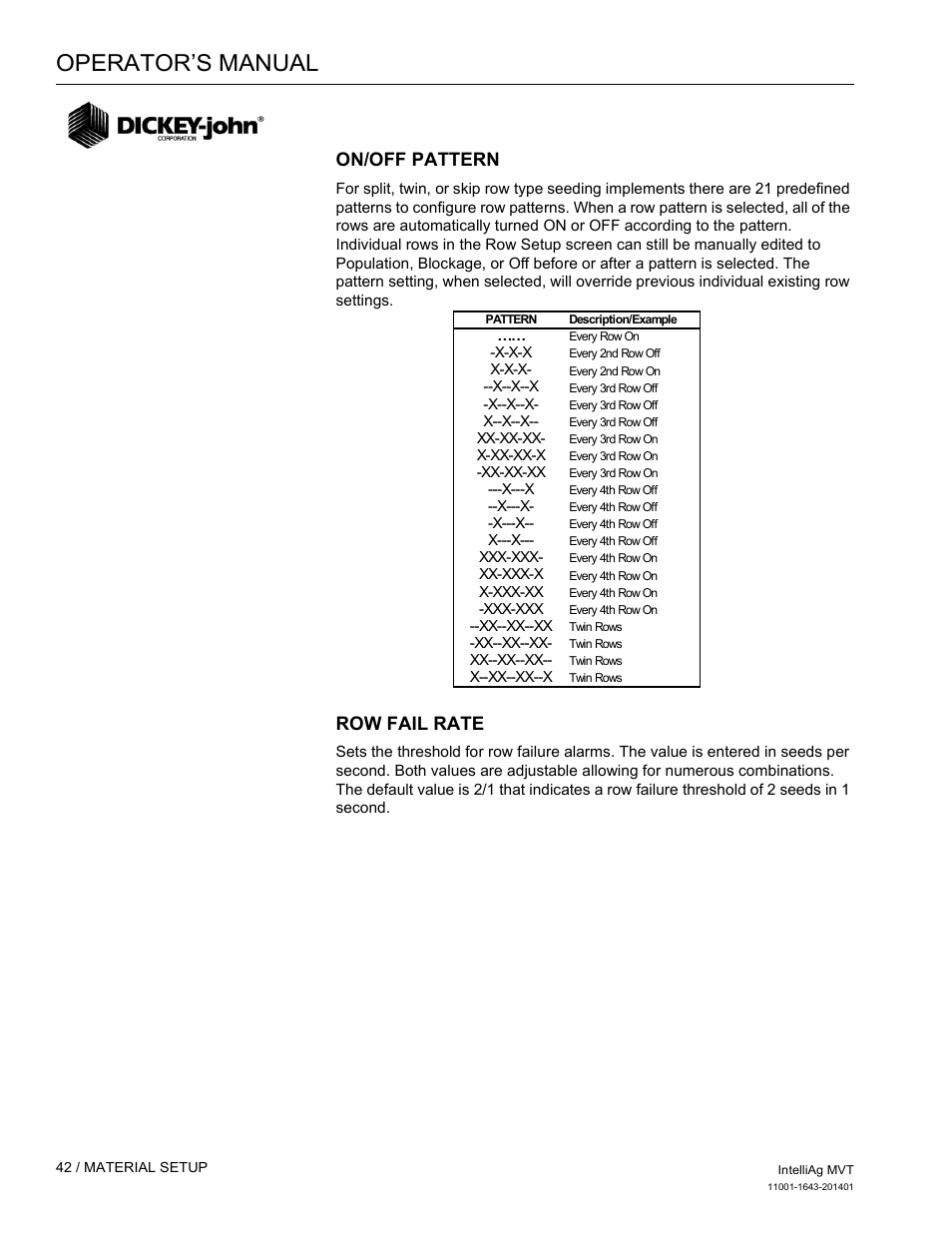 Operator’s manual, On/off pattern, Row fail rate | Great Plains DICKEY-john MVT Monitor Operator User Manual | Page 51 / 122