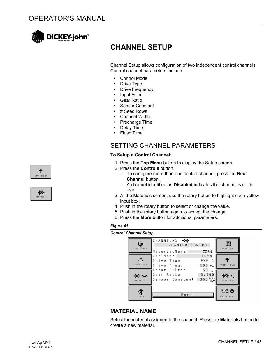 Channel setup, Operator’s manual, Setting channel parameters | Great Plains DICKEY-john MVT Monitor Operator User Manual | Page 52 / 122